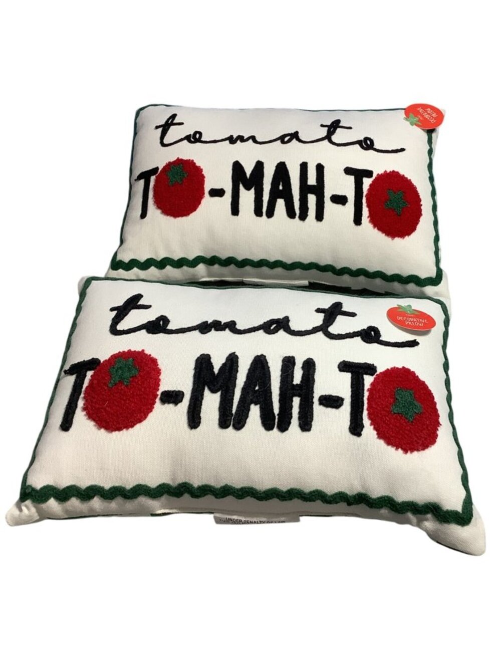 2 Tomato Decorative Pillow To-Mah-To Accent Lumbar 13" x 9" Embroidered Pillows